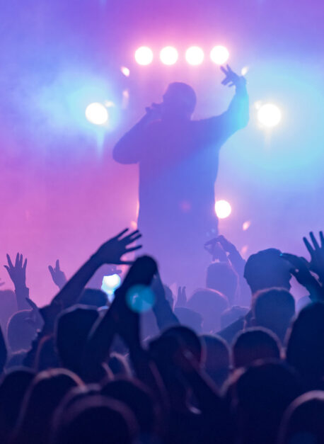 concert, silhouettes of happy people raising up hands, Music sho